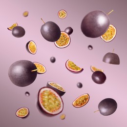 Image of Fresh passion fruits swirling in air against color gradient background