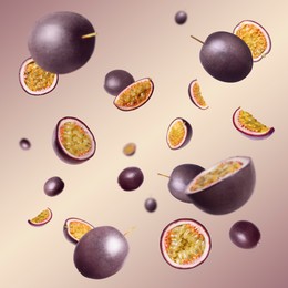 Image of Fresh passion fruits swirling in air against color gradient background