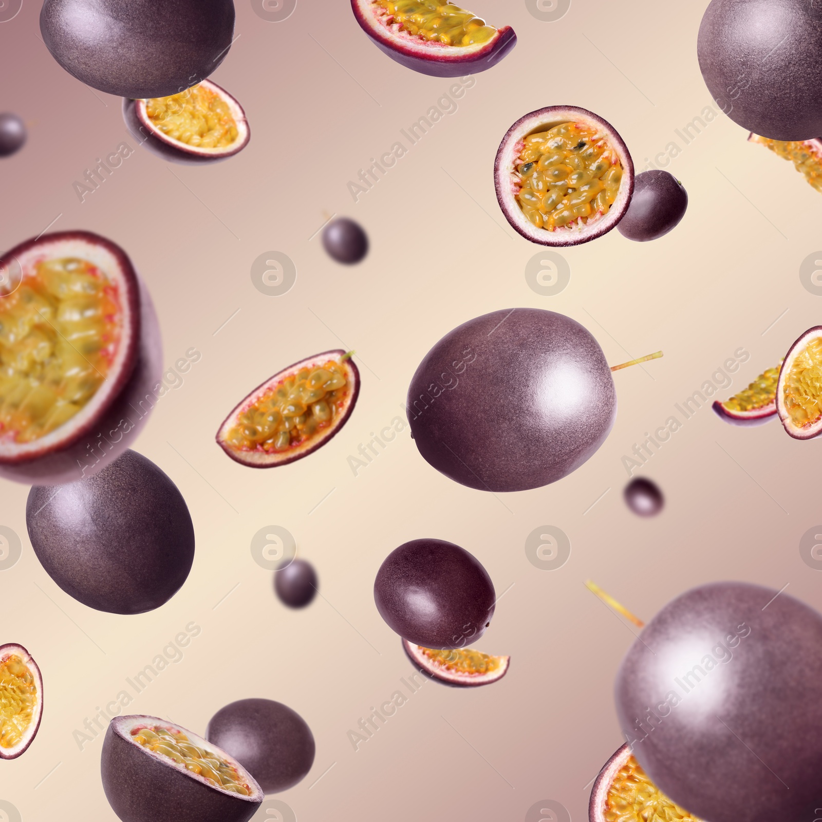 Image of Fresh passion fruits swirling in air against color gradient background