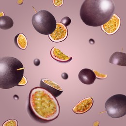 Image of Fresh passion fruits swirling in air against color gradient background
