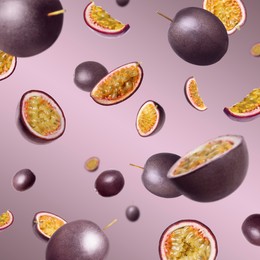 Image of Fresh passion fruits swirling in air against color gradient background