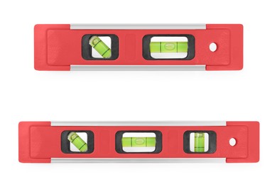 Image of Red bubble levels isolated on white, set. Building measuring instrument