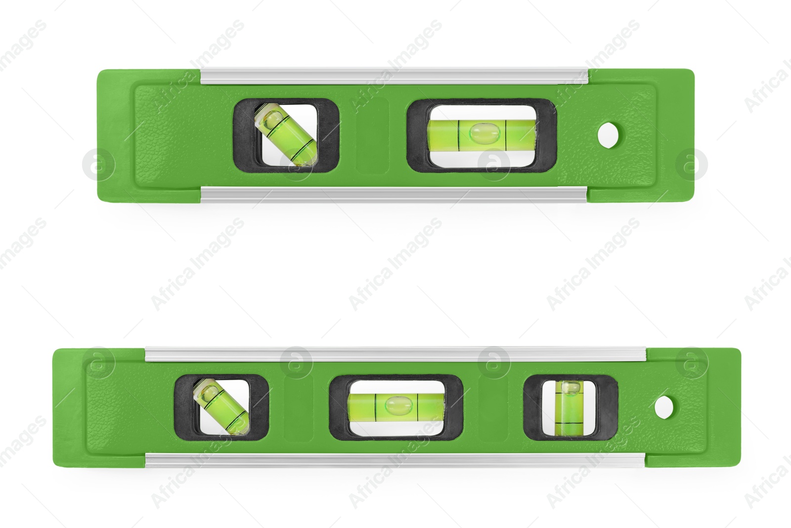 Green bubble levels isolated on white, set. Building measuring instrument Image of Green bubble levels isolated on white, set. Building measuring instrument
