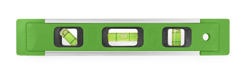 Image of Green bubble level isolated on white. Building measuring instrument