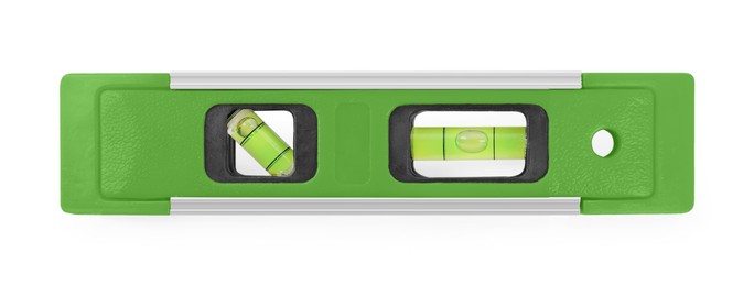 Image of Green bubble level isolated on white. Building measuring instrument