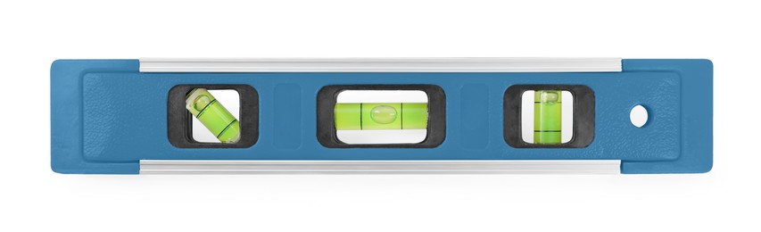 Image of Blue bubble level isolated on white. Building measuring instrument