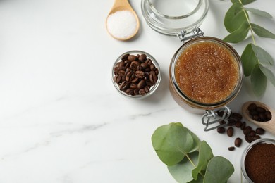 Photo of Natural body scrub and ingredients on white table, flat lay. Space for text