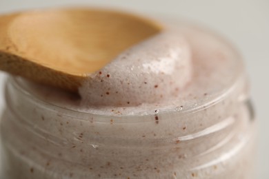 Photo of Natural body scrub on white table, closeup