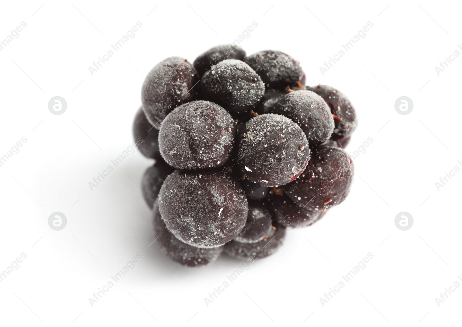 Photo of One frozen blackberry isolated on white, macro view
