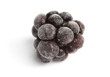 Photo of One frozen blackberry isolated on white, macro view
