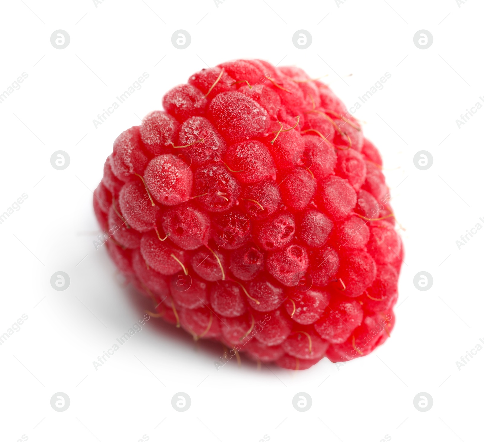 Photo of One frozen raspberry isolated on white, macro view