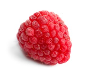 Photo of One frozen raspberry isolated on white, macro view