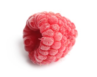 Photo of One frozen raspberry isolated on white, macro view