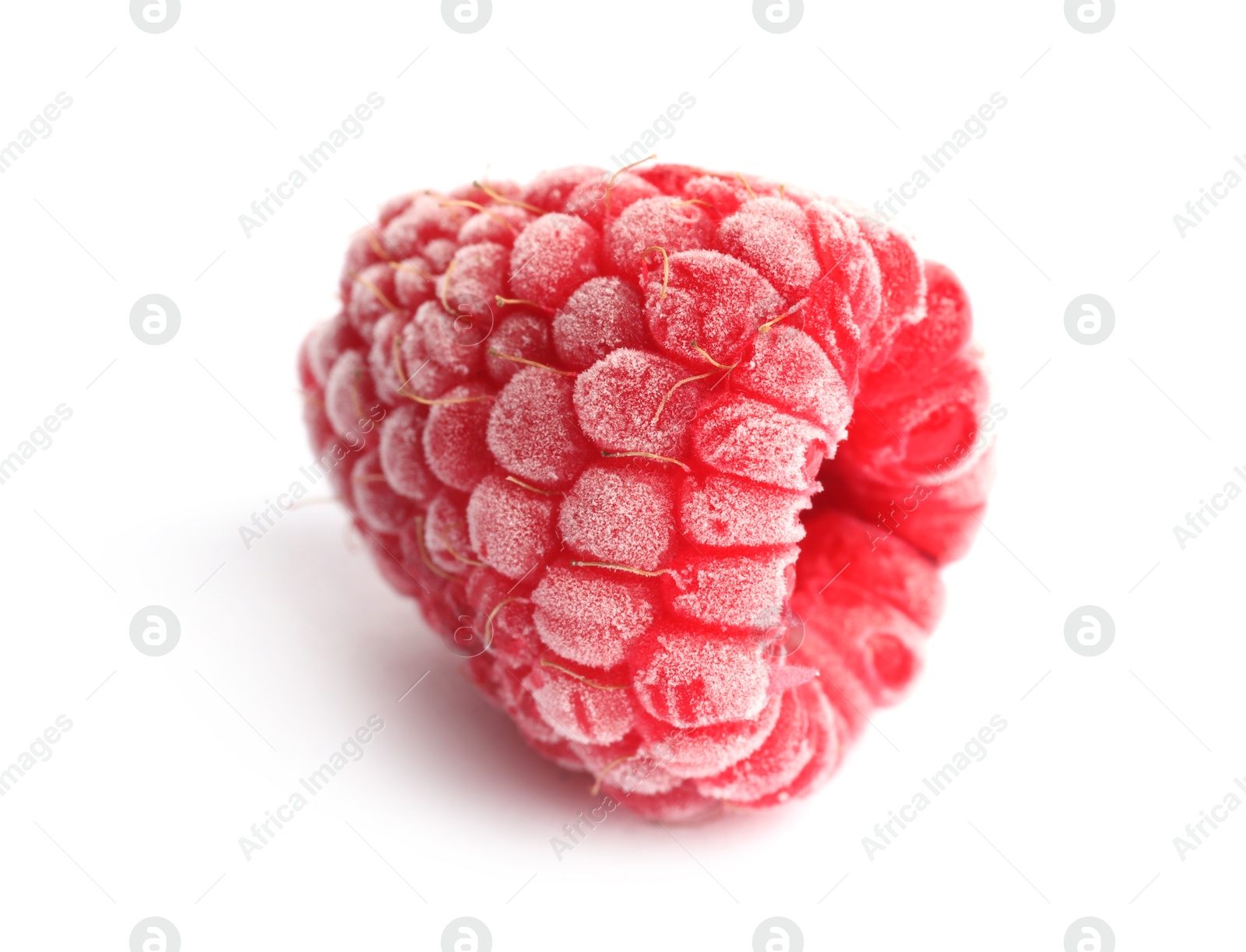 Photo of One frozen raspberry isolated on white, macro view