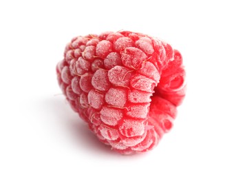 Photo of One frozen raspberry isolated on white, macro view