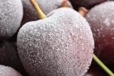 Photo of Ripe frozen cherries as background, macro view