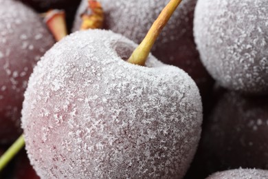 Photo of Ripe frozen cherries as background, macro view