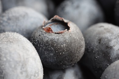 Photo of Many frozen blueberries as background, macro view