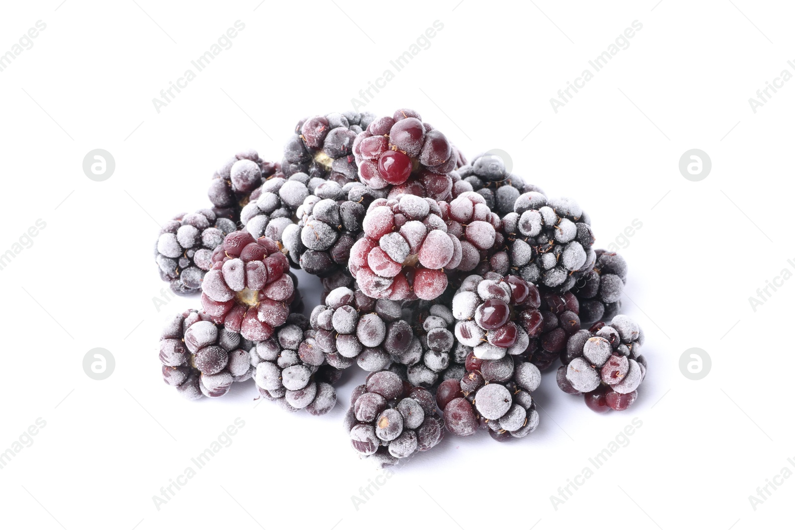 Photo of Heap of frozen blackberries on white background, above view