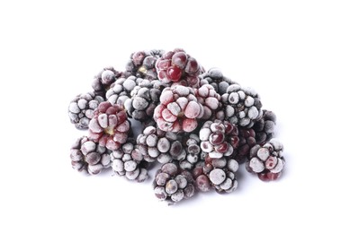 Photo of Heap of frozen blackberries on white background, above view