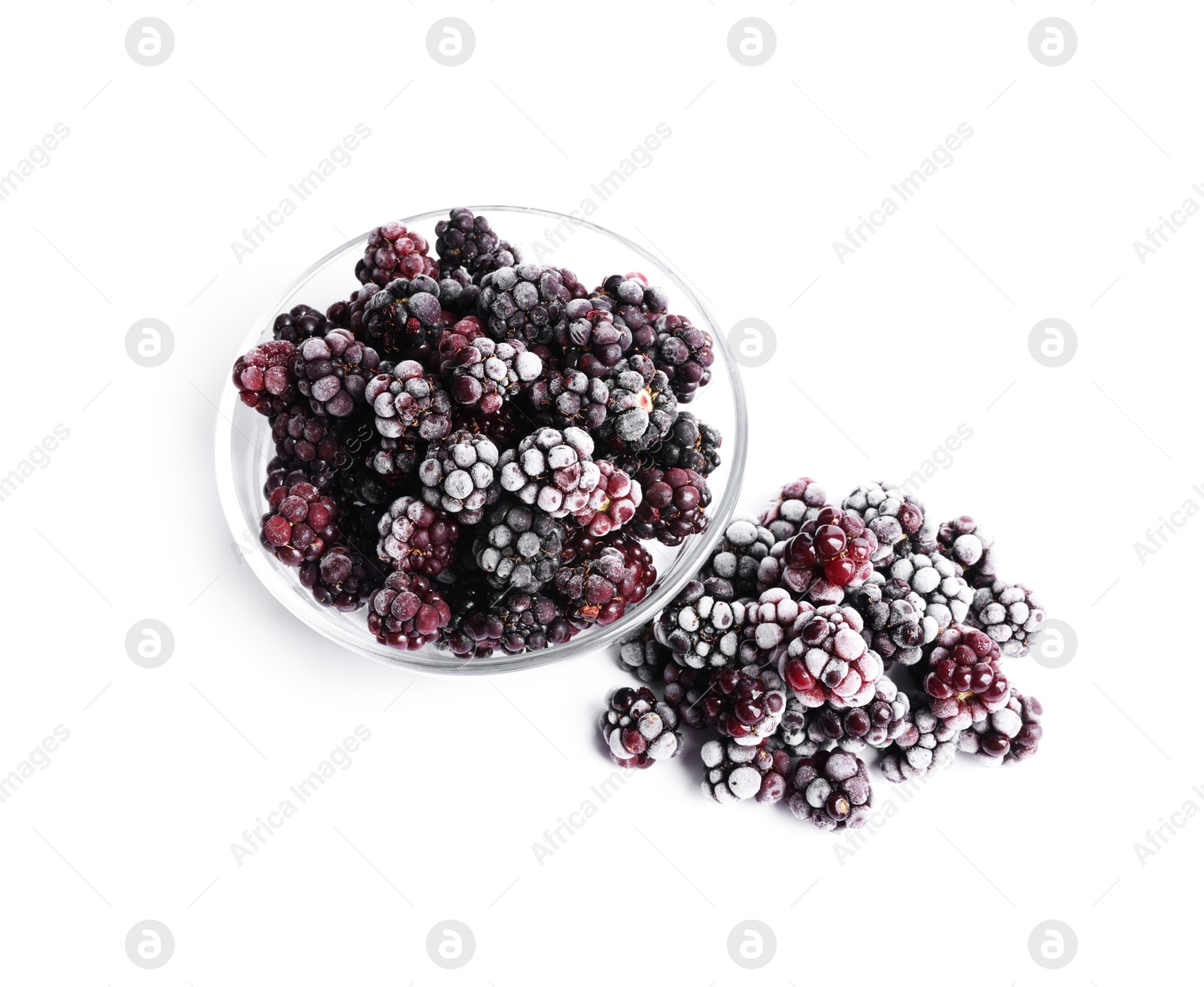 Photo of Many frozen blackberries isolated on white, above view