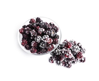 Photo of Many frozen blackberries isolated on white, above view