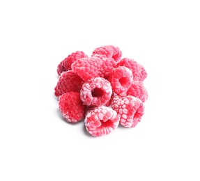 Photo of Heap of frozen raspberries isolated on white