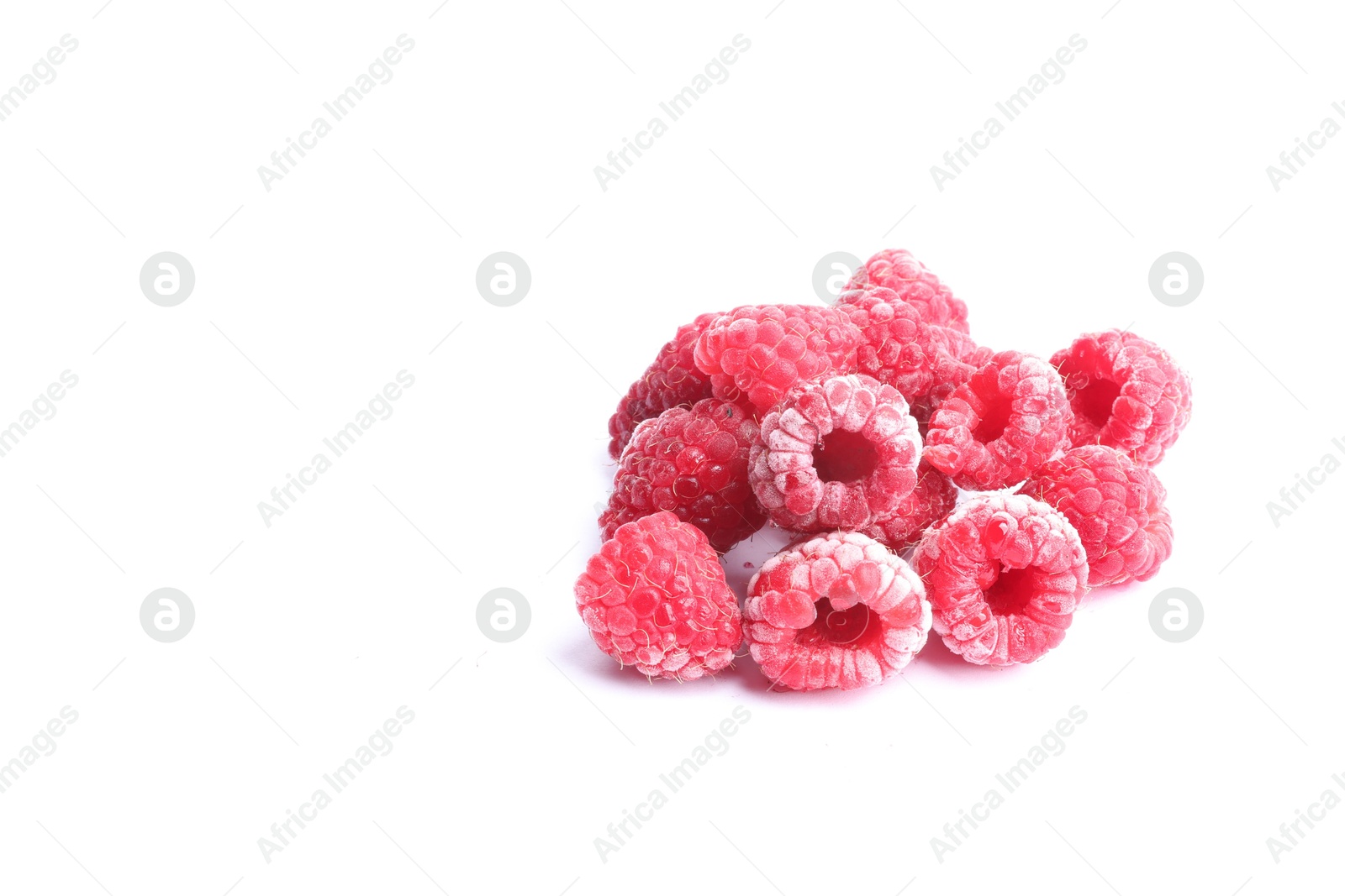 Photo of Heap of frozen raspberries on white background, space for text