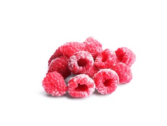 Photo of Heap of frozen raspberries isolated on white