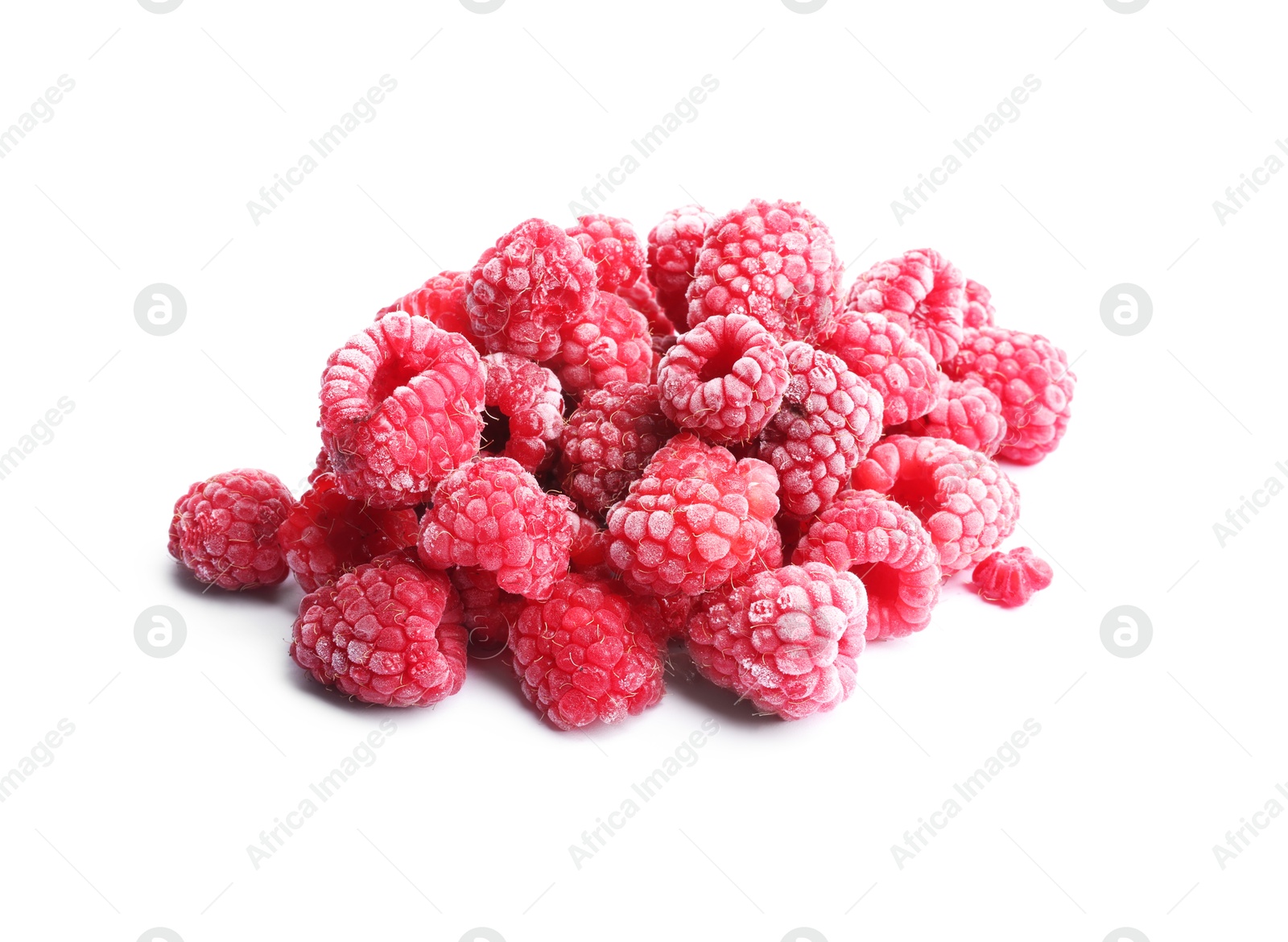 Photo of Heap of frozen raspberries isolated on white