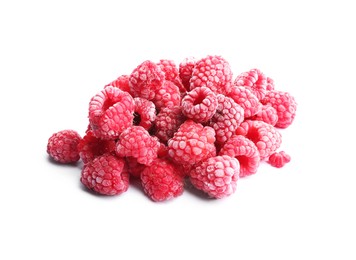 Photo of Heap of frozen raspberries isolated on white