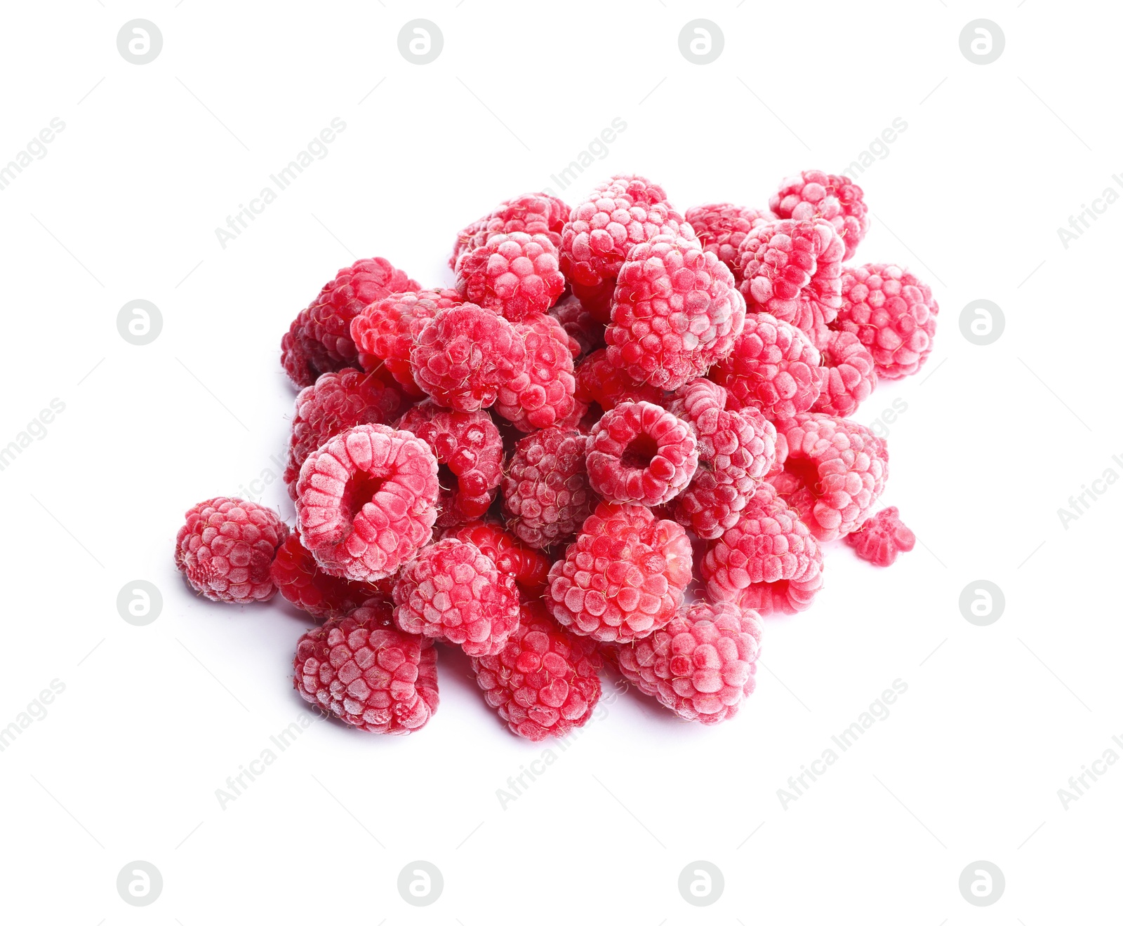 Photo of Frozen raspberries isolated on white, top view