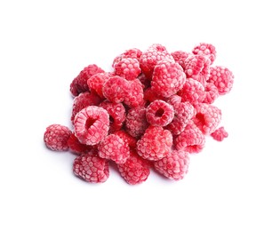 Photo of Frozen raspberries isolated on white, top view