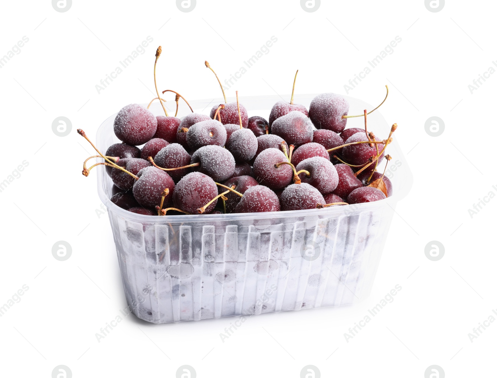 Photo of Frozen cherries in plastic container isolated on white