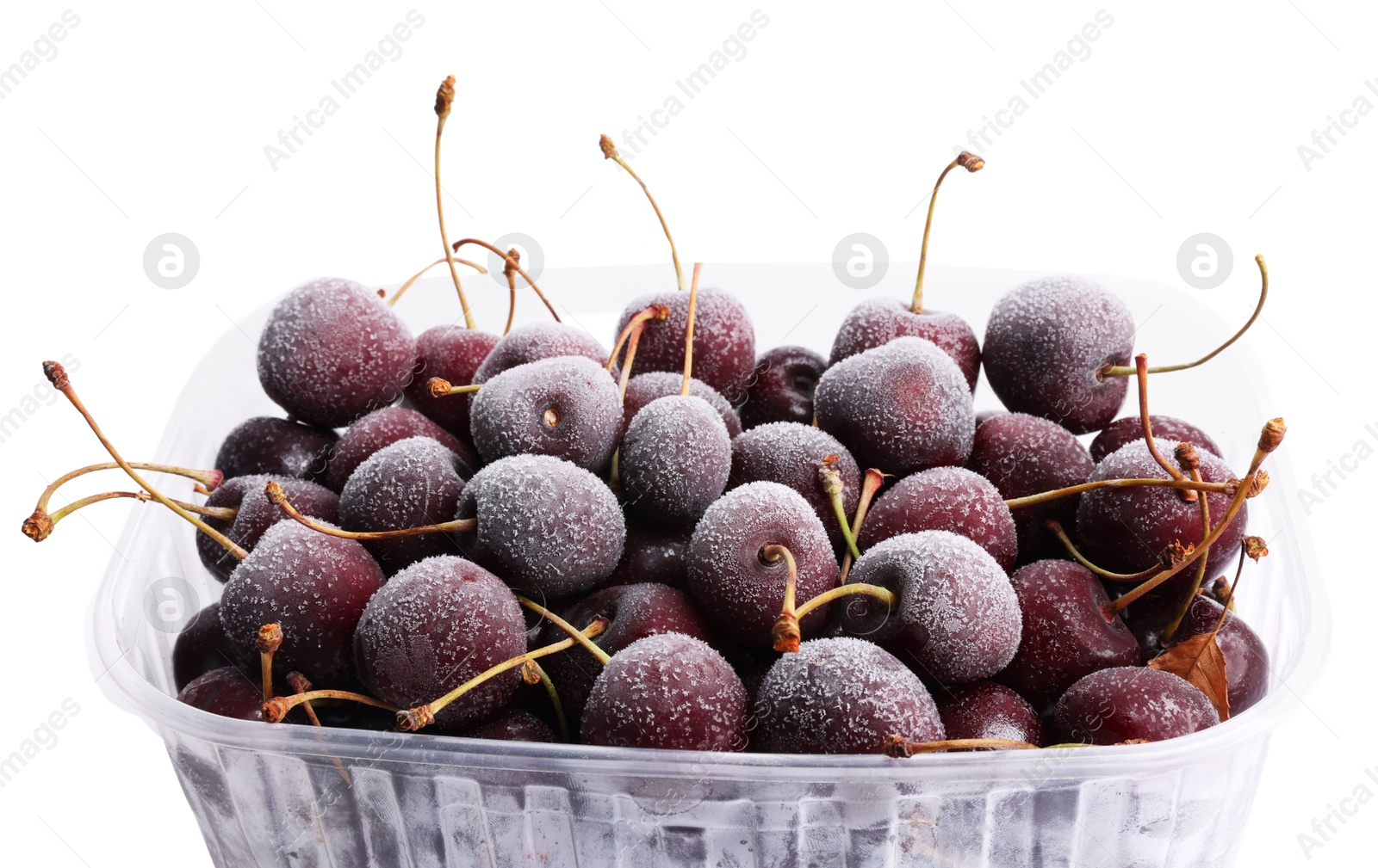 Photo of Frozen cherries in plastic container isolated on white