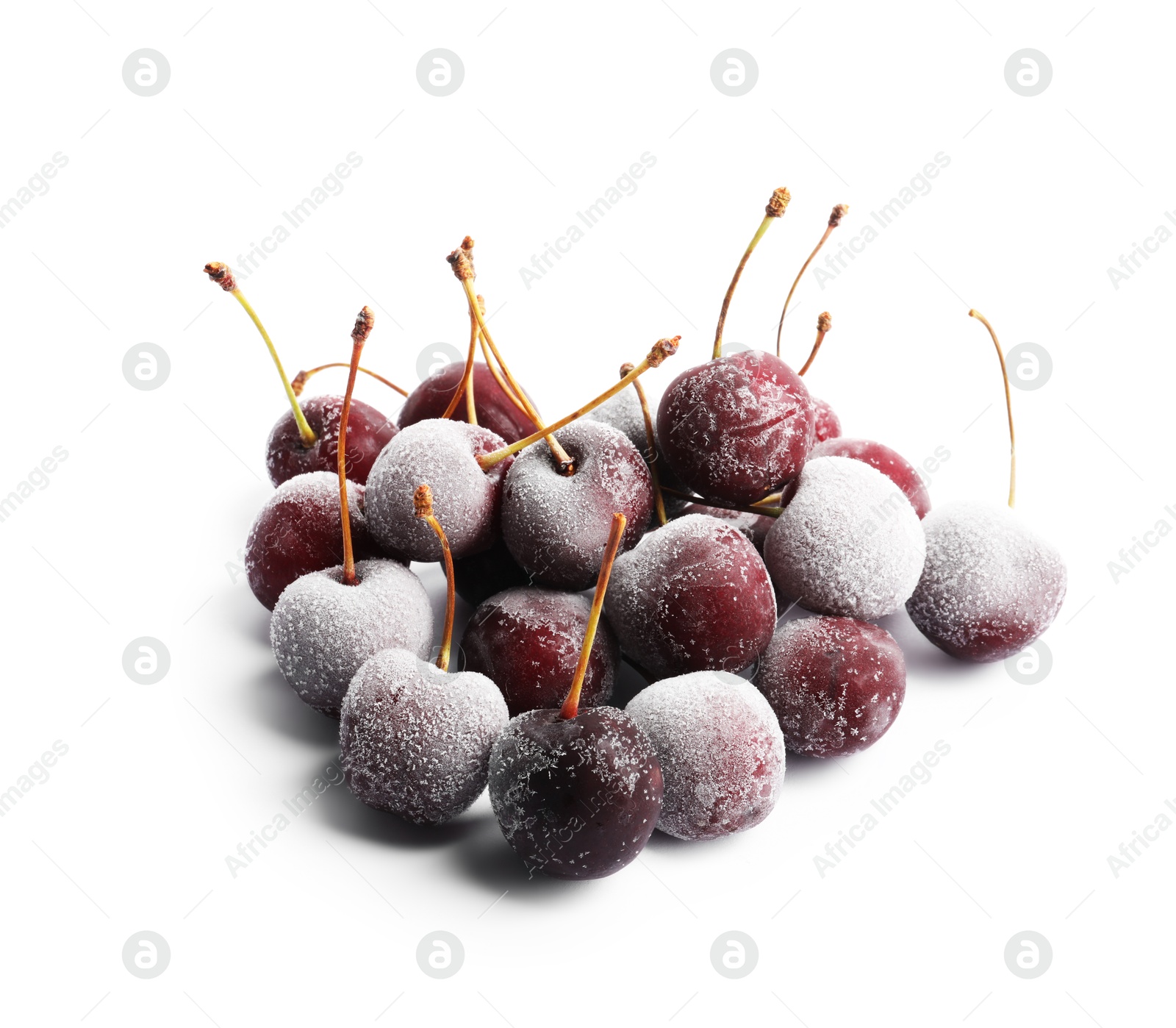 Photo of Heap of frozen cherries isolated on white