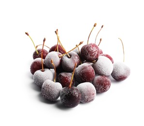 Photo of Heap of frozen cherries isolated on white