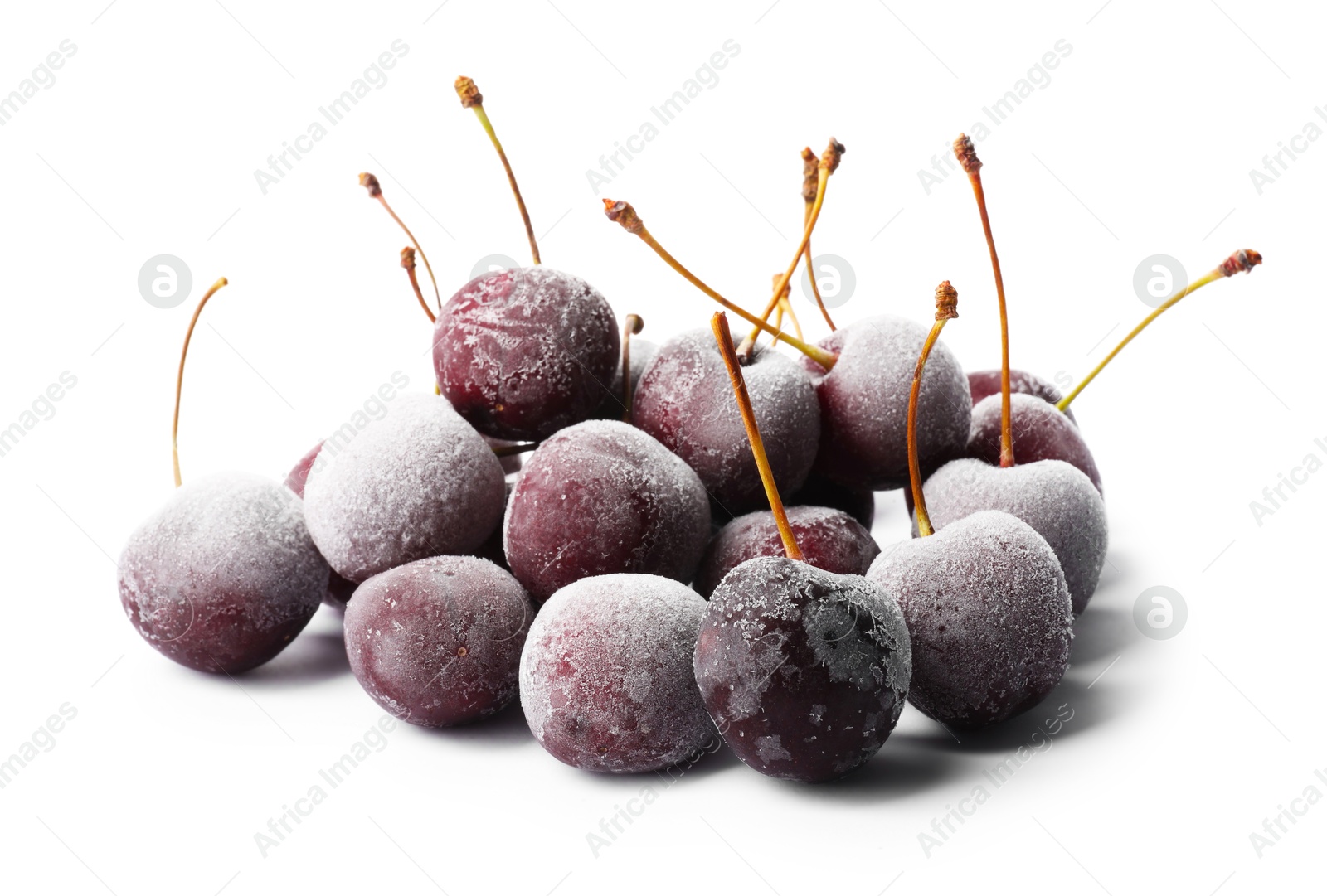 Photo of Heap of frozen cherries isolated on white