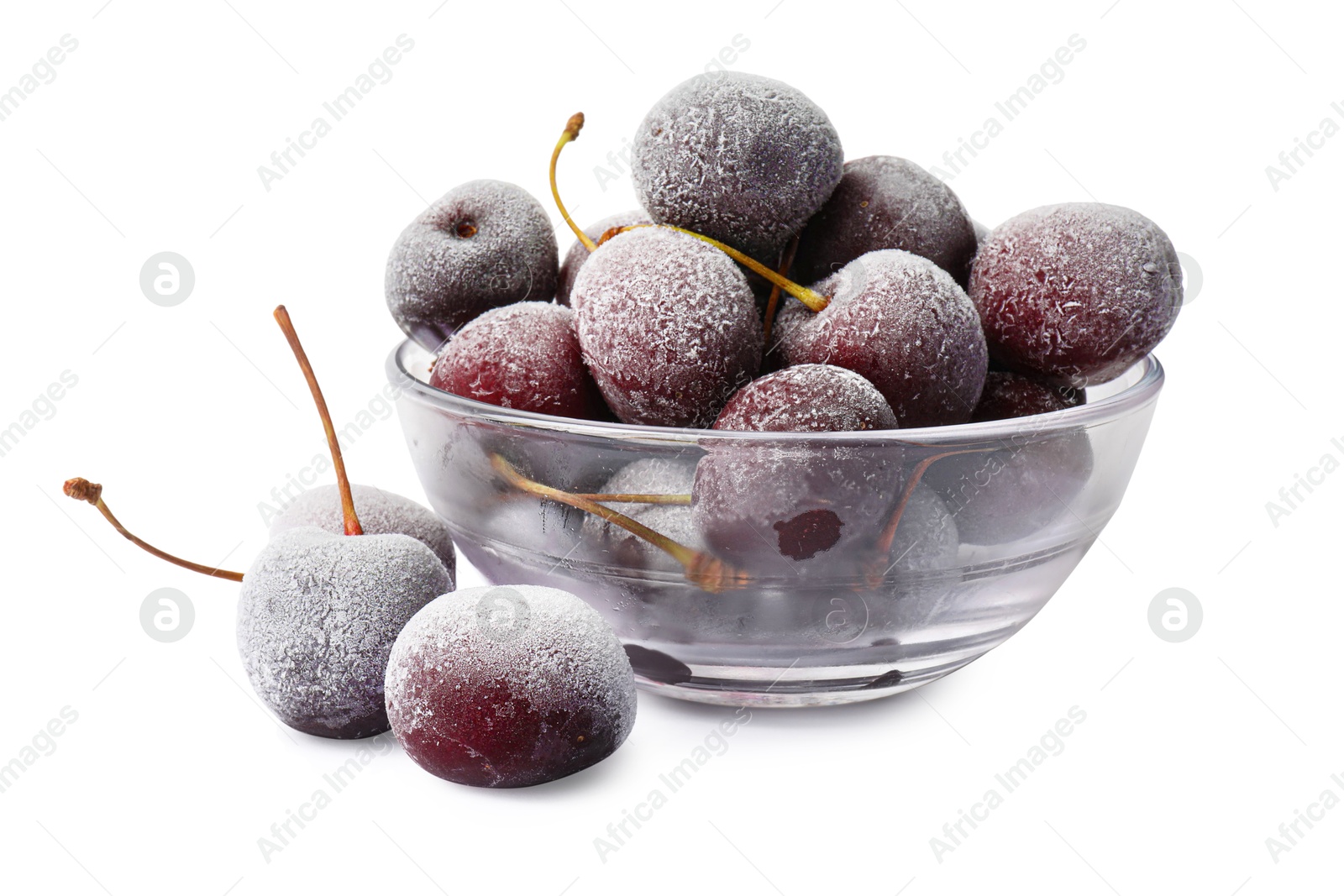 Photo of Frozen cherries in bowl isolated on white