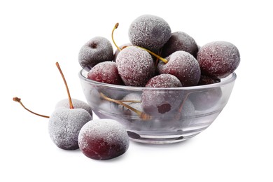 Photo of Frozen cherries in bowl isolated on white