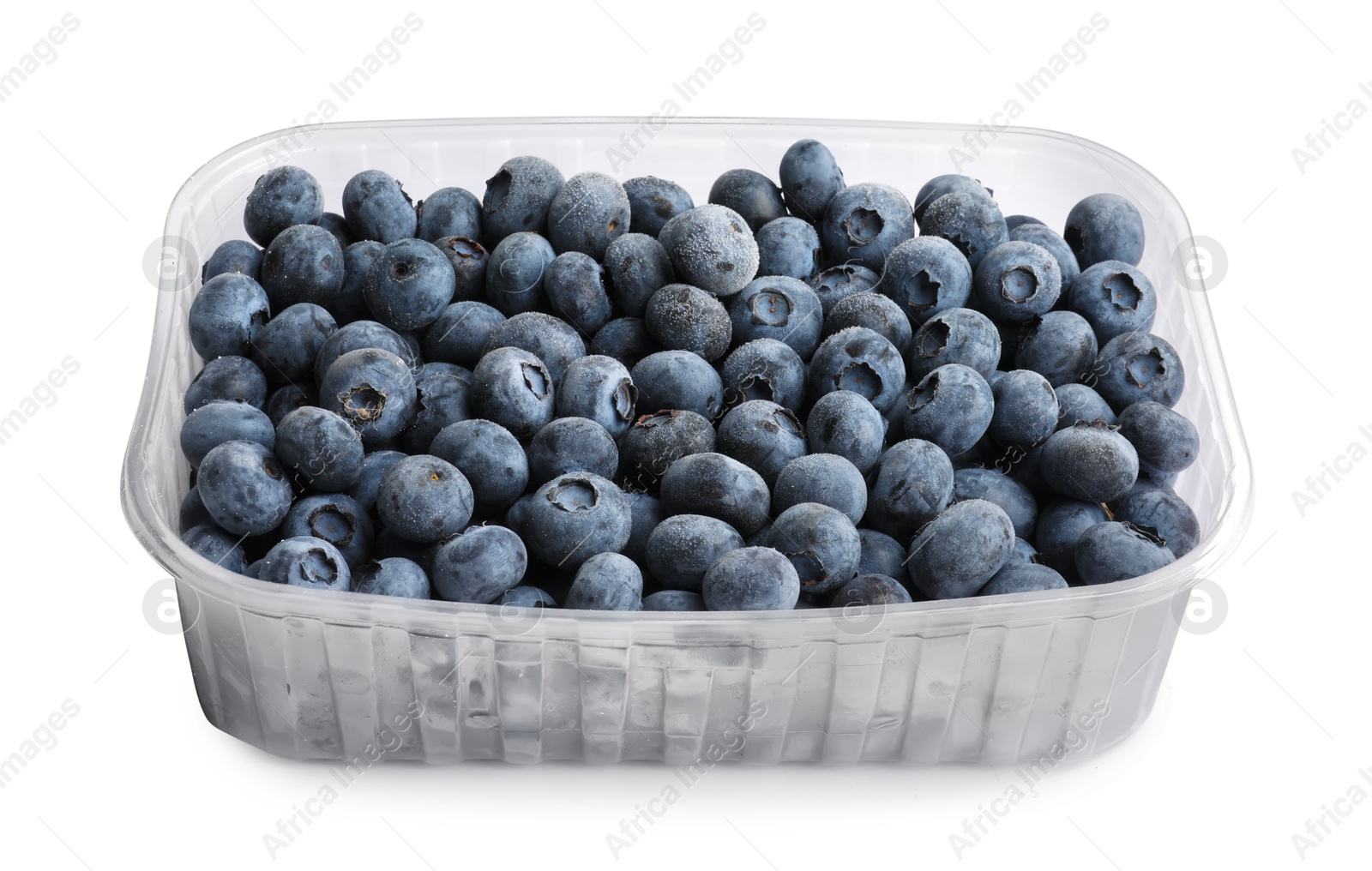 Photo of Frozen blueberries in plastic container isolated on white