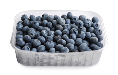 Photo of Frozen blueberries in plastic container isolated on white