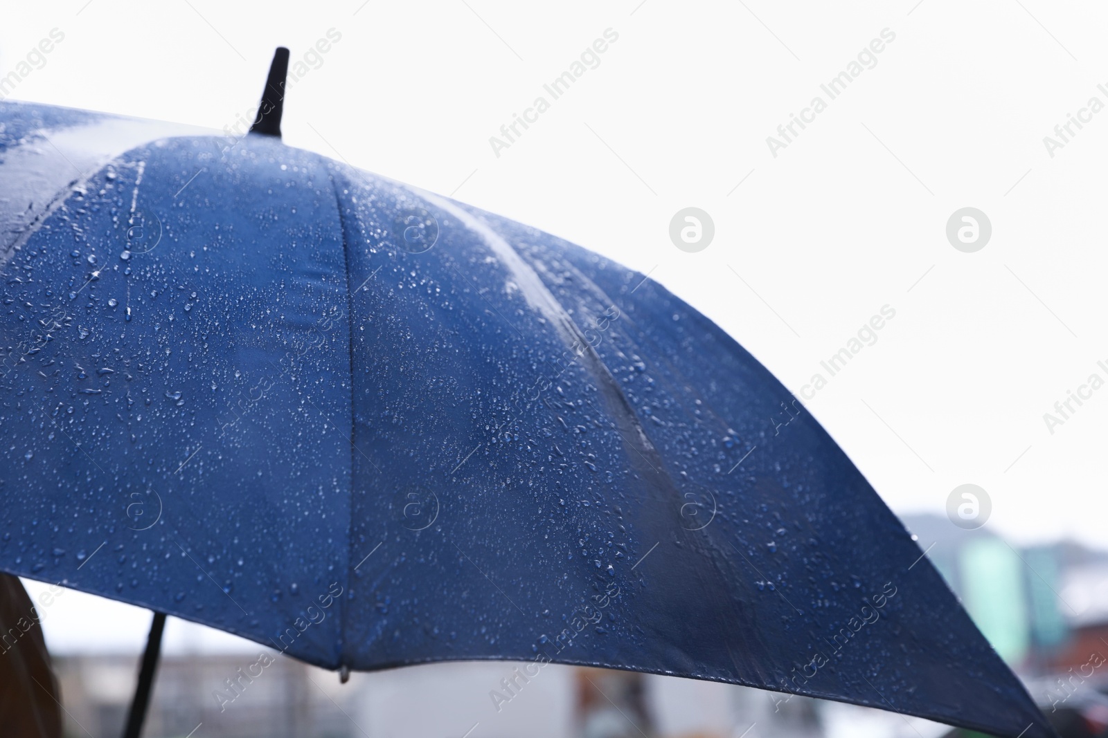 Photo of Blue umbrella under heavy rain outdoors, closeup