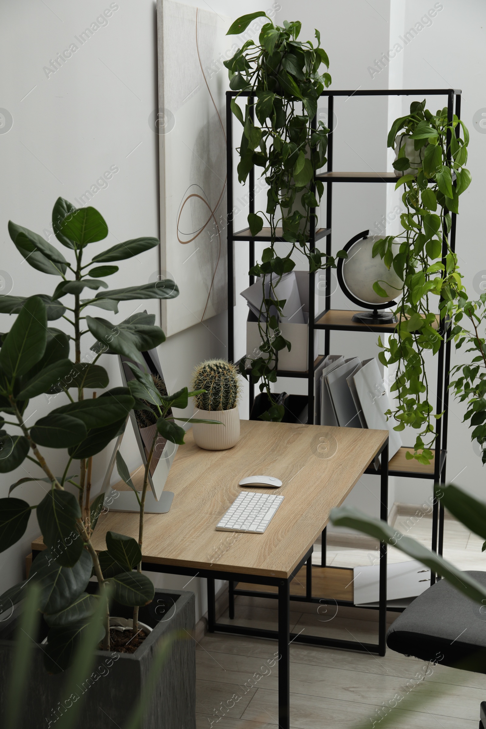 Photo of Biophilic interior design. Stylish workplace with computer and houseplants in office