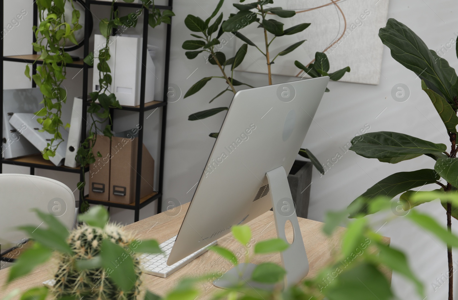 Photo of Biophilic interior design. Stylish workplace with computer and houseplants in office