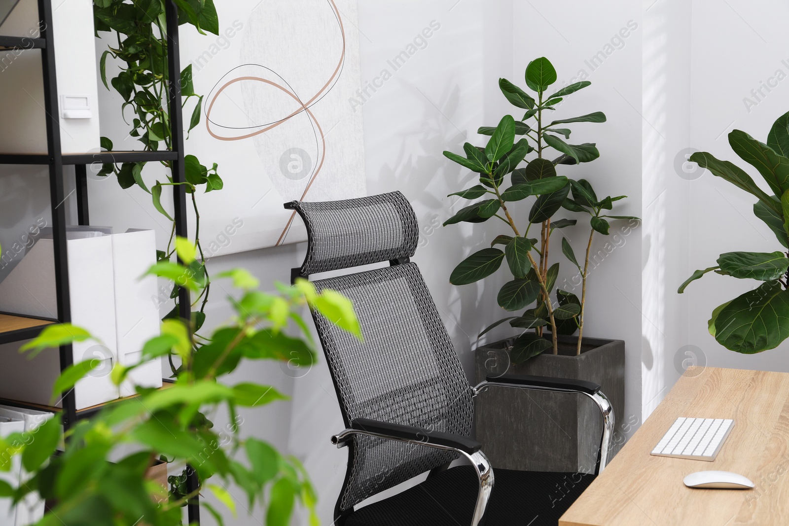 Photo of Biophilic interior design. Stylish workplace with wooden desk, chair and houseplants in office