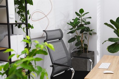 Photo of Biophilic interior design. Stylish workplace with wooden desk, chair and houseplants in office