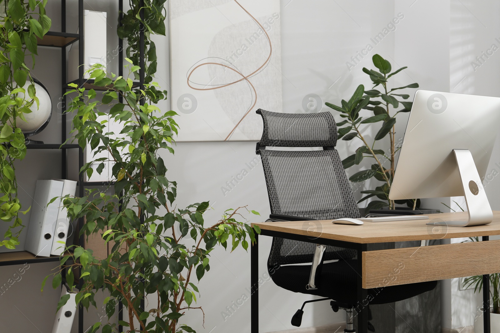 Photo of Biophilic interior design. Stylish workplace with computer and houseplants in office
