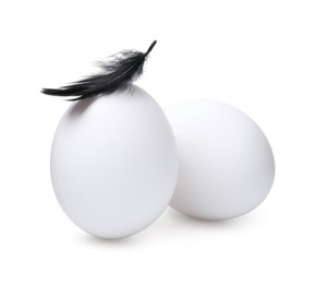 Photo of Raw chicken eggs with feather isolated on white