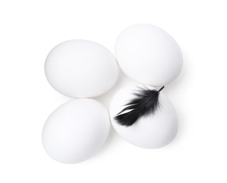Photo of Raw chicken eggs with feather isolated on white, top view